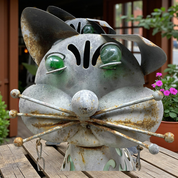 Rustic Metal Cat Sculpture Welcome Folk Art Yard Home Decor Whimsical READ - Picture 2 of 11
